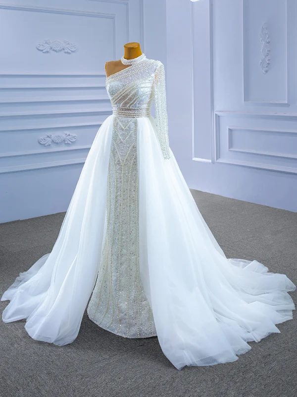 High End Glitzernden Weiß Brautkleider / Hochzeitskleider 2021 Meerjungfrau Perlenstickerei Stehkragen Perle Pailletten Lange Ärmel Rückenfreies Hof-Schleppe Hochzeit