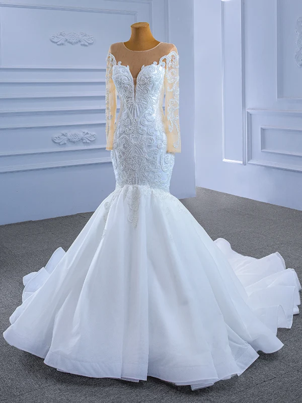 High-end White Beading Sequins Wedding Dresses 2021 Trumpet / Mermaid Scoop Neck Long Sleeve Cathedral Train Wedding