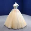 Flower Fairy Chic / Beautiful Champagne Pearl Lace Flower Prom Dresses 2021 Ball Gown Off-The-Shoulder Sleeveless Backless Floor-Length / Long Formal Dresses