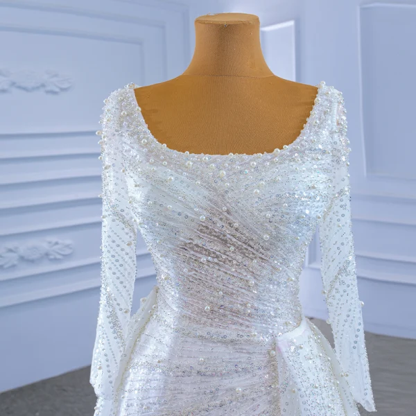 Scintillantes Haut de Gamme Blanche Perlage Perle Paillettes Robe De Mariée 2021 Trompette / Sirène U-Cou Manches Longues Dos Nu Longue Mariage