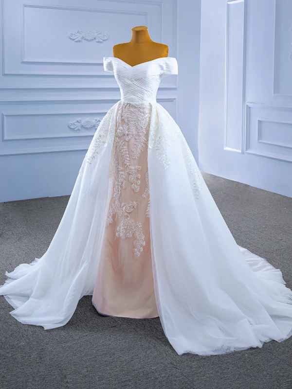 High End Weiß Spitze Blumen Brautkleider / Hochzeitskleider 2021 Meerjungfrau Off Shoulder Kurze Ärmel Rückenfreies Hof-Schleppe Hochzeit