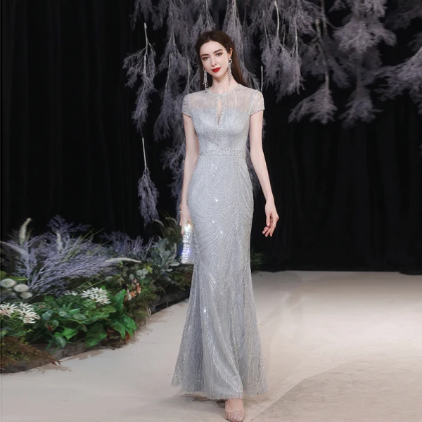 Charming Silver Grey Beading Evening Dresses 2021 Trumpet / Mermaid Scoop Neck Pearl Sequins Short Sleeve Floor-Length / Long Formal Dresses