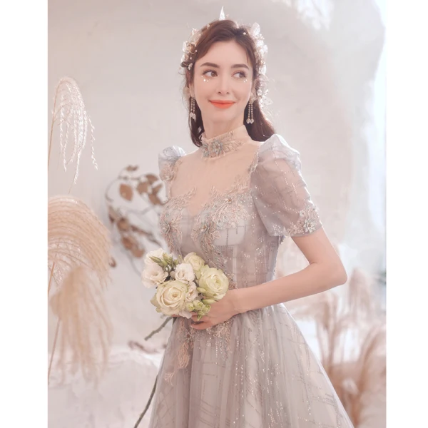 Chic / Belle Argenté En Dentelle Fleur Robe De Bal 2021 Princesse Col Haut Perlage Perle Faux Diamant Paillettes Manches Courtes Dos Nu Longue Robe De Ceremonie