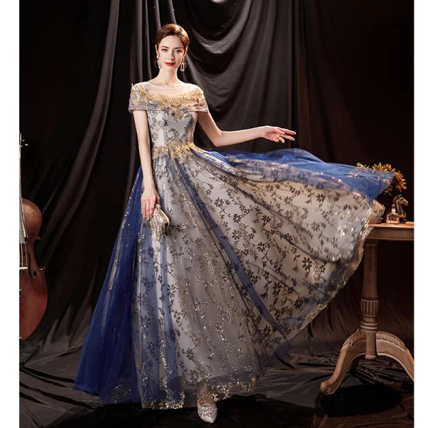 Charmant Bling Bling Océan Bleu Robe De Bal 2021 Princesse Encolure Dégagée Perlage Paillettes En Dentelle Fleur Manches Courtes Dos Nu Longue Robe De Ceremonie