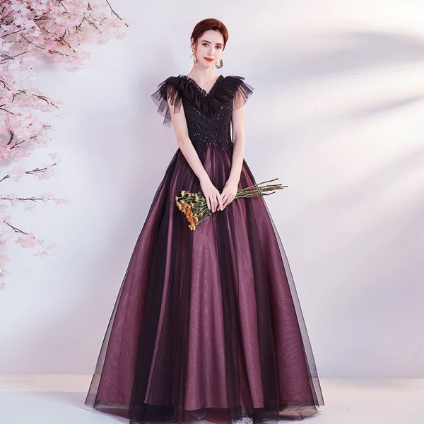 Vintage / Originale Violet Perlage Paillettes En Dentelle Fleur Robe De Bal 2021 Princesse V-Cou Manches Courtes Dos Nu Longue Robe De Ceremonie