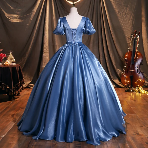 Chic / Beautiful Ocean Blue Satin Prom Dresses 2021 Scoop Neck Puffy Short Sleeve Backless Floor-Length / Long Formal Dresses
