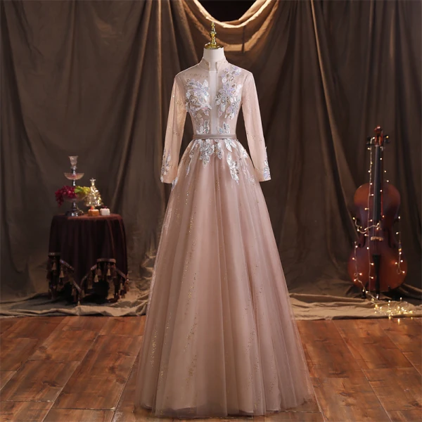 Chic / Belle Rougissant Rose Paillettes Robe De Bal 2021 Robe Boule Col Haut Manches Longues Dos Nu Ceinture Longue Robe De Ceremonie
