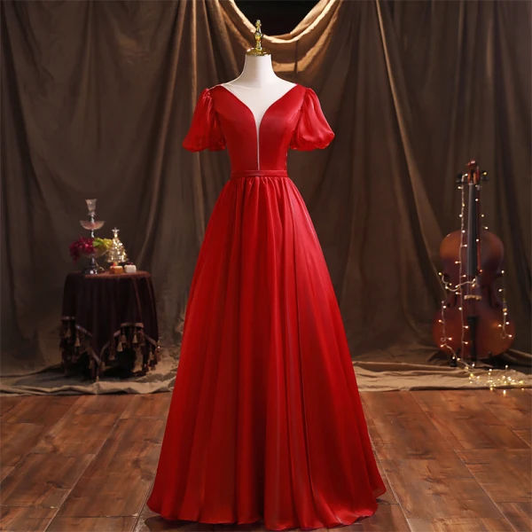 Ethnic Red Satin Prom Dresses 2021 Ball Gown Scoop Neck Short Sleeve Backless Sash Floor-Length / Long Formal Dresses