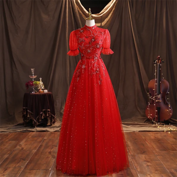 Scintillantes Rouge Robe De Bal Princesse 2021 Col Haut Perlage Étoile Paillettes Manches de cloche Dos Nu Longue Robe De Ceremonie