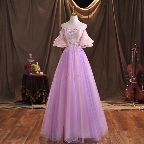 Flower Fairy Lavender Prom Dresses 2021 Ball Gown Off-The-Shoulder Sequins Lace Flower Appliques Backless Bell sleeves Floor-Length / Long Formal Dresses