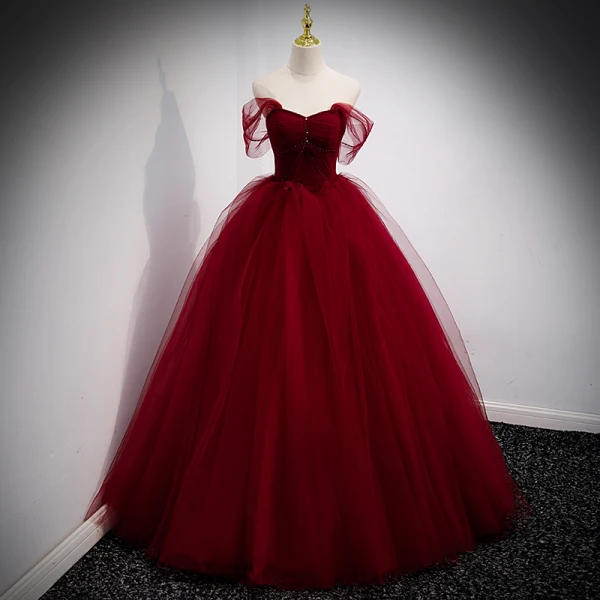 Chic / Beautiful Burgundy Prom Dresses 2021 Ball Gown Square Neckline Sleeveless Backless Floor-Length / Long Formal Dresses