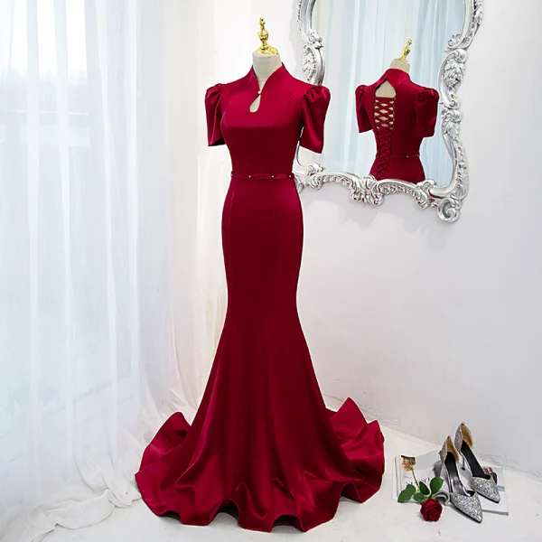 Chic Beautiful Burgundy Satin Cheongsam Qipao Evening Dresses 2021 A-Line Princess High