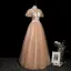 Charmant Champagne Robe De Bal 2021 Robe Boule Col Haut Paillettes En Dentelle Fleur Manches Courtes Dos Nu Longue Robe De Ceremonie