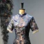 Chinese style Navy Blue Embroidered Satin Cheongsam 2021 Trumpet / Mermaid High Neck Beading Tassel Short Sleeve Ankle Length Cheongsam / Qipao