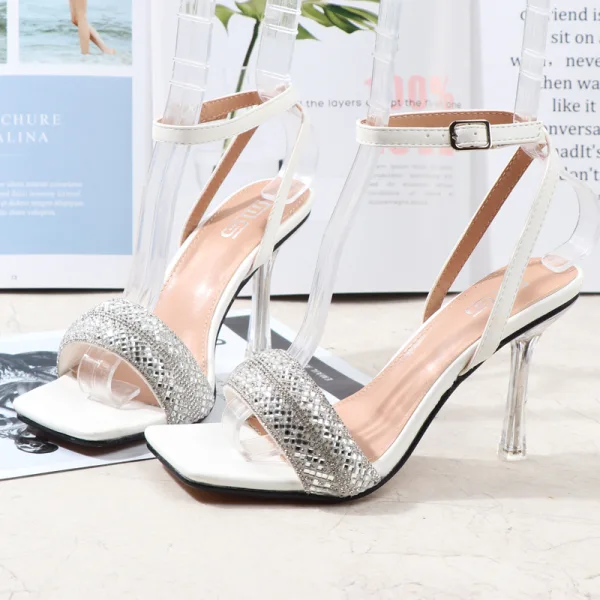 Sexy White Cocktail Party Evening Party Womens Sandals 2021 Ankle Strap Rhinestone 9 cm Open / Peep Toe Stiletto Heels Sandals High Heels
