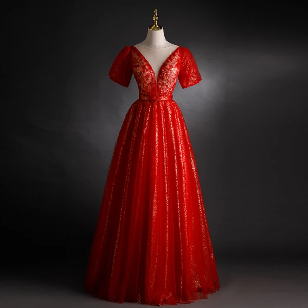 Chic / Belle Rouge Robe De Bal 2021 Robe Boule Encolure Dégagée Perlage Paillettes Manches Courtes Dos Nu Ceinture Longue Robe De Ceremonie