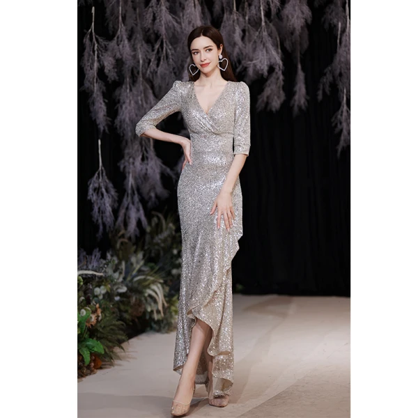 Sparkly Sexy Silver Sequins Evening Dresses 2021 Trumpet / Mermaid V-Neck 1/2 Sleeves Floor-Length / Long Evening Party Formal Dresses