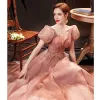 Sparkly Candy Pink Glitter Sequins Prom Dresses 2021 A-Line / Princess V-Neck Appliques Short Sleeve Backless Floor-Length / Long Formal Dresses