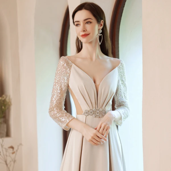 Charming Beige Beading Sequins Prom Dresses 2021 A-Line / Princess V-Neck Pearl Rhinestone Sash 3/4 Sleeve Backless Floor-Length / Long Prom Formal Dresses