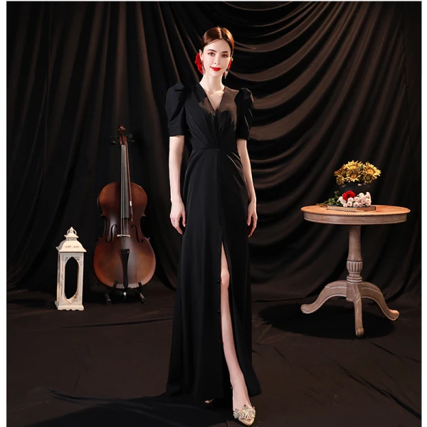 Sexy Black Split Front Evening Dresses 2021 Trumpet / Mermaid V-Neck Satin Short Sleeve Evening Party Floor-Length / Long Formal Dresses