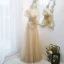 Élégant Champagne Robe De Bal Princesse 2021 V-Cou Noeud Paillettes Perle Manches Courtes Dos Nu Longue Robe De Ceremonie