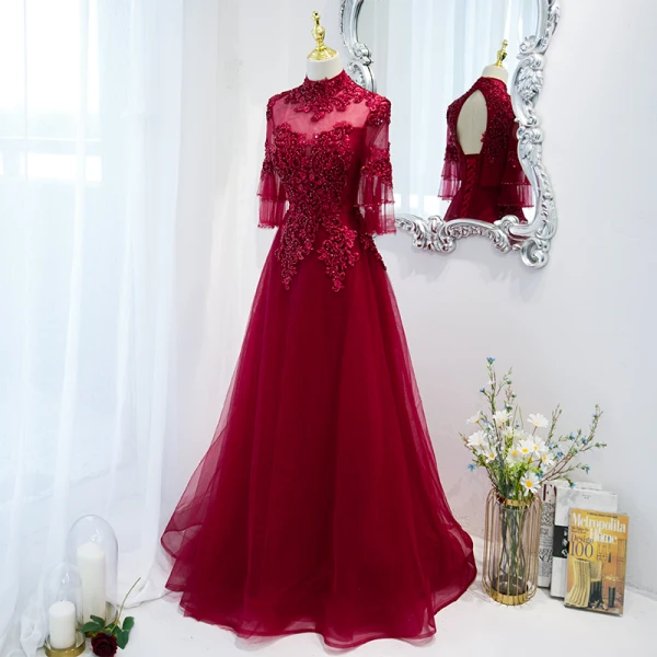 Elegant Burgundy Prom Dresses 2021 A-Line / Princess High Neck Beading Rhinestone Lace Flower 3/4 Sleeve Backless Floor-Length / Long Formal Dresses