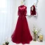 Elegant Burgundy Prom Dresses 2021 A-Line / Princess High Neck Beading Rhinestone Lace Flower 3/4 Sleeve Backless Floor-Length / Long Formal Dresses