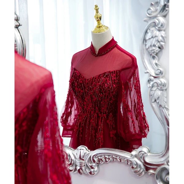 Chic / Belle Bordeaux Robe De Bal 2021 Princesse Col Haut Perlage Faux Diamant Paillettes 3/4 Manches Dos Nu Train De Balayage Promo Robe De Ceremonie