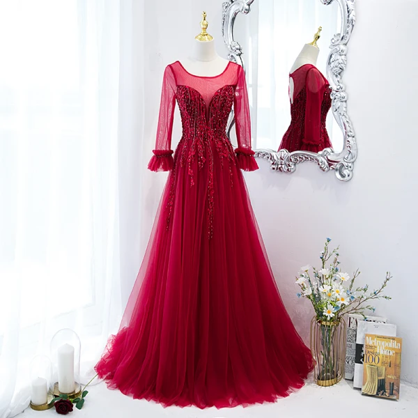 Chic / Belle Bordeaux Robe De Bal 2021 Princesse U-Cou Perlage En Dentelle Fleur Manches Longues Dos Nu Longue Promo Robe De Ceremonie