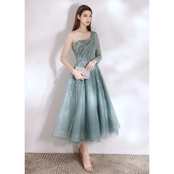 Charmant Vert Jade Paillettes Robe De Soirée 2021 Princesse Une épaule Manches Longues Dos Nu Thé Longueur Soirée Robe De Ceremonie