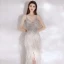 Scintillantes Sexy Argenté Perlage Paillettes Plumes Robe De Soirée 2021 Trompette / Sirène Bretelles Spaghetti Sans Manches Dos Nu Longue Soirée Robe De Ceremonie
