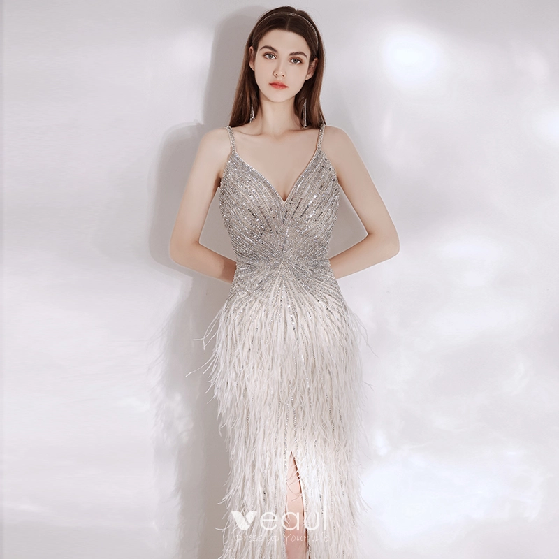 Sexy silver sleeveless sequins fishtail evening dress hot sale