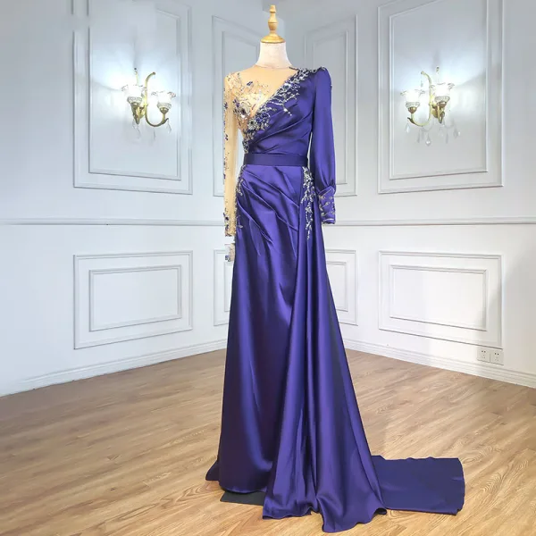 High-end Burgundy Handmade  Beading Pearl Rhinestone Evening Dresses 2021 Trumpet / Mermaid Scoop Neck Satin Long Sleeve Sweep Train Evening Party Formal Dresses