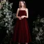 Chic / Beautiful Burgundy Homecoming Suede Graduation Dresses A-Line / Princess 2021 Spaghetti Straps Sleeveless Backless Pearl Tea-length Formal Dresses