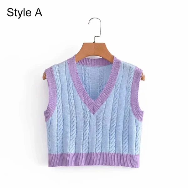 Fashion Sky Blue Two Tone Fall Knitting Casual Tank Sweaters 2021 V-Neck Short Sleeve Women's Tops