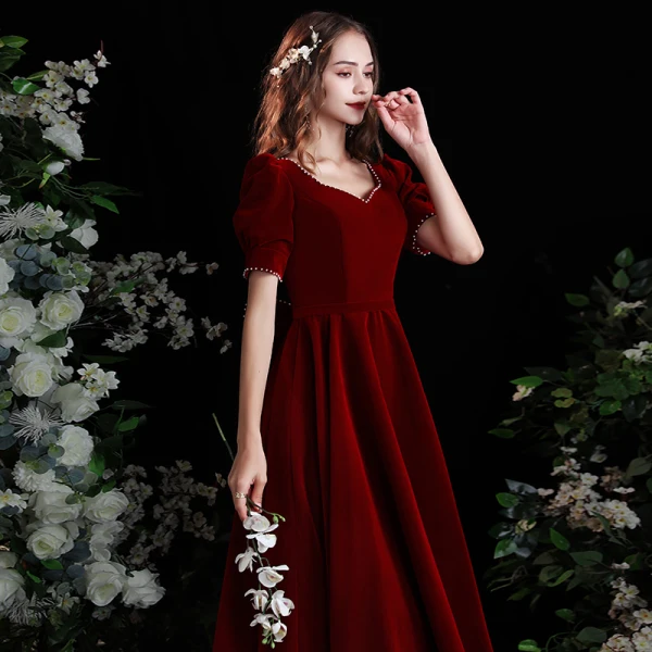 Chic / Beautiful Burgundy Suede Homecoming Graduation Dresses 2021 A-Line / Princess Pearl Square Neckline Puffy Short Sleeve Backless Bow Tea-length Formal Dresses