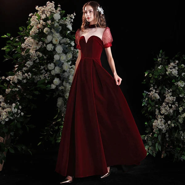 Elegant Burgundy Suede Prom Dresses 2021 A-Line / Princess High Neck Short Sleeve Backless Tea-length Prom Formal Dresses