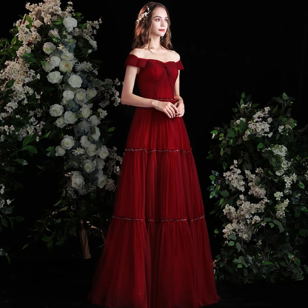 Charming Burgundy Pleated Prom Dresses 2021 A-Line / Princess Off-The-Shoulder Sleeveless Backless Split Front Floor-Length / Long Formal Dresses