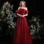 Charming Burgundy Glitter Prom Dresses 2021 A-Line / Princess Off-The-Shoulder Puffy Short Sleeve Sash Floor-Length / Long Prom Formal Dresses