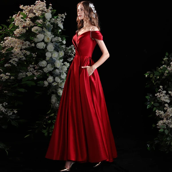 Elegant Burgundy Satin Prom Dresses 2021 A-Line / Princess Short Sleeve Backless Floor-Length / Long Prom Formal Dresses