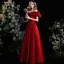 Elegant Burgundy Prom Dresses 2021 A-Line / Princess Backless Ruffle Floor-Length / Long Satin Off-The-Shoulder Prom Short Sleeve Formal Dresses