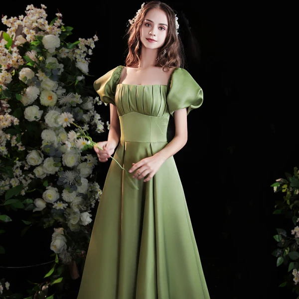 Chic / Beautiful Sage Green Satin Prom Dresses 2021 A-Line / Princess Off-The-Shoulder Puffy Short Sleeve Backless Floor-Length / Long Formal Dresses