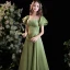 Chic / Beautiful Sage Green Satin Prom Dresses 2021 A-Line / Princess Off-The-Shoulder Puffy Short Sleeve Backless Floor-Length / Long Formal Dresses
