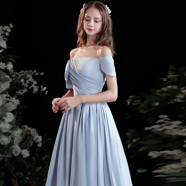 Chic / Beautiful Sky Blue Satin Prom Dresses 2021 A-Line / Princess Off-The-Shoulder Short Sleeve Backless Floor-Length / Long Prom Formal Dresses
