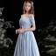 Chic / Beautiful Sky Blue Satin Prom Dresses 2021 A-Line / Princess Off-The-Shoulder Short Sleeve Backless Floor-Length / Long Prom Formal Dresses