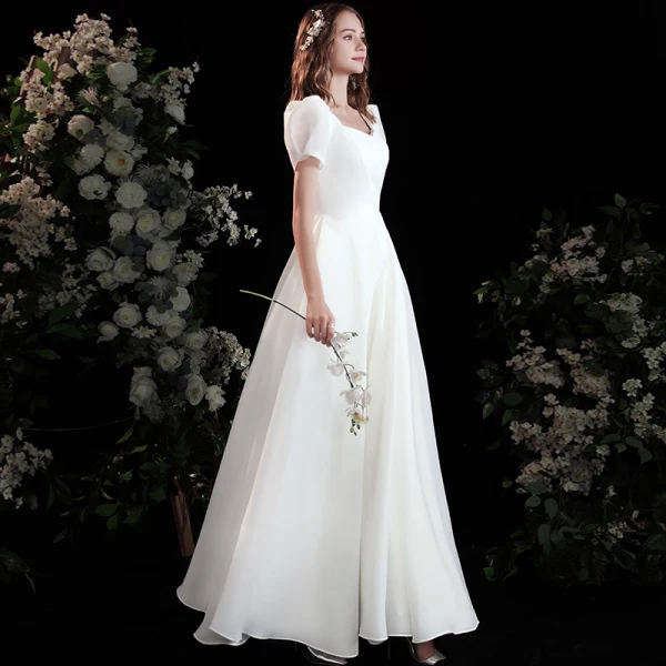 Chic / Beautiful Ivory Satin Prom Dresses 2021 A-Line / Princess Square Neckline Short Sleeve Backless Floor-Length / Long Prom Formal Dresses