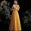 Schöne Gelb Satin Ballkleider 2021 A Linie Off Shoulder Rüschen Kurze Ärmel Rückenfreies Lange Festliche Kleider