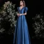 Vintage / Retro Royal Blue Satin Prom Dresses 2021 A-Line / Princess V-Neck Puffy Short Sleeve Backless Floor-Length / Long Prom Formal Dresses