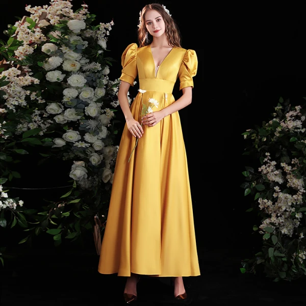 Vintage / Retro Yellow Satin Prom Dresses 2021 A-Line / Princess V-Neck Puffy Short Sleeve Backless Floor-Length / Long Formal Dresses