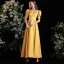 Vintage / Retro Yellow Satin Prom Dresses 2021 A-Line / Princess V-Neck Puffy Short Sleeve Backless Floor-Length / Long Formal Dresses